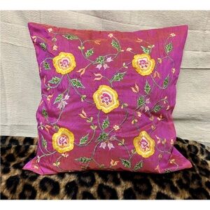 Metallic Pink Embroidered Floral Pink Silk blend Pillow by SIA